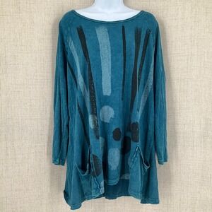 Jess & Jane Tunic Top Womens XL Teal Abstract Dot Pockets Art to Wear Boho Artsy
